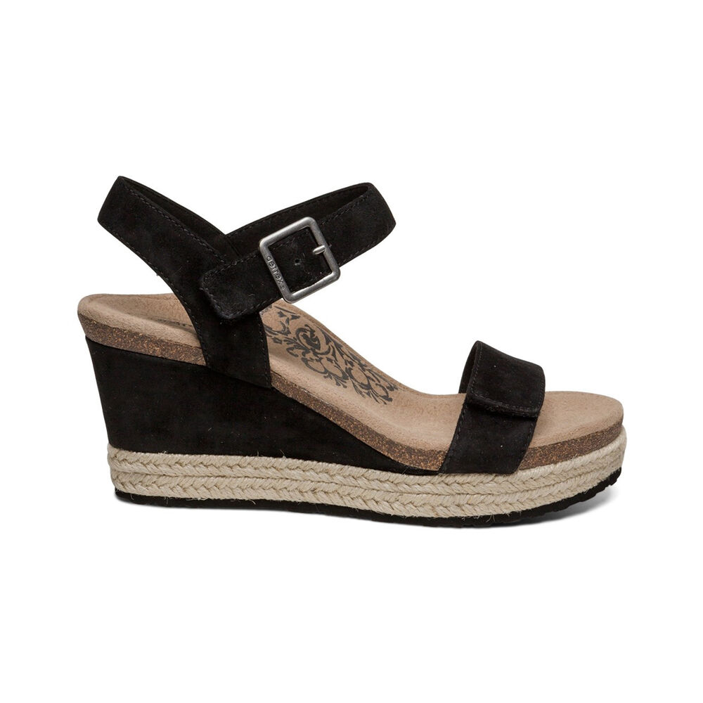 Aetrex Women's Sydney Quarter Strap Espadrille Wedge Sandals - Black | USA MVWGBZE